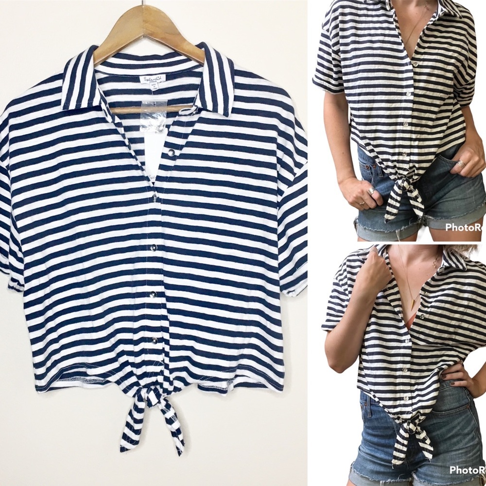 Splendid Button Down Boxy Striped Tie Front Top M NWT Navy White 100%‎